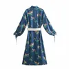 Za Flowy Animal Print Belt Satin Dress Women Long Sleeve Tied Cuffs Vintage Shirt Dresses Female Chic Hidden Button Vestido 210602