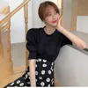 韓国のエレガント2個セット女性の固体パフスリーブTシャツ+ハイウエスト花柄のスカートレディースシックな衣装スーツ210519