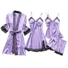 4-częściowy zestaw piżamów sexy koronki plamy kobiety piżamas ubieranie koronki letnie szaty śluba z klatkami piersiowymi Babydoll Setwear Set X0526