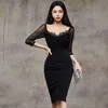 韓国のための韓国のドレス夏の黒い長袖Vネックレースレディースセクシーボディコン鉛筆ドレス210602