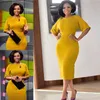 Yellow Women Dresses Bodycon Slim Elegant Office Ladies Work Wear Short Sleeves O Neck Tight Elastic Large Size African Fashion 210416