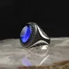 Alianças de casamento retro sinal turco artesanal para homens mulheres antigas cor de prata anel esculpido anel embutido azul zircon punk motociclista