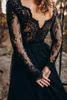 Gothic Black A Line Wedding Dresses With Long Sleeves Western Country Sexy Deep V Neck Open Back Bridal Gowns Lace Court Train Vintage Second Reception Dress AL9450