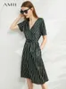 Minimalism Summer Dress For Women Offical Lady Stripe Printed Vneck Loose Belt Knee-length 12030094 210527