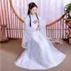 Vrouwen Chinese traditionele hanfu fee podium slijtage kostuum witte dame jurk borduurwerk bloem prinses folk danskleding