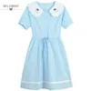 Japanisches Mori-Mädchen-süßes Sommerkleid Blau Rosa Frauen Kurzes Seeve-Blumenstickerei-Baumwollleinen-Sommerkleid für Schulmädchen 210520