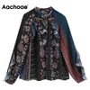 Vintage Patchwork Printed Chiffon Blouse Kvinnor Ruffles Långärmad Chic Tröja Ladies Stand Collar Causal Tops Blusas 210413