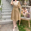 Houzhou elegante vintage jurk vrouw herfst kawaii lolita midi jurken zoete schattige bladerdeeg mouw preppy stijl sundress mode robe 211029