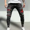 Męskie rozryte chude dżinsy patchwork siatka rozciągająca swobodne dżinsowe spodnie ołówka mężczyzna malowanie mody malowanie joggingowe spodnie męskie 29