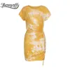 Summer Tie Dye Sznurek Mini Sukienki Kobiety Czapka Rękaw O-Neck Stretch Knit High Paist Ladies Casual Ołówek Dress 210510