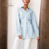 Azul vertical listrado blusa mulheres primavera outono moda lapela manga longa túnica camisa solta casual top 210415