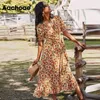 Blumendruck Boho Strand Lange V-Ausschnitt Elegante Dame Wickelkleider Schmetterling Kurzarm Sommer Partykleid Vestidos 210413