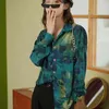Pintura a óleo Botão superior verde para cima camisa Lapela de manga comprida blusa floral impressão solta outono roupas 210427