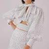 Est fashion 2021 дизайнерская блузка женская V-образная выречка фонарь рукава лук точка печатает короткие блузки рубашки