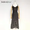 Vintage Black Dress For Women V Neck Sleeveless High Waist Hollow Out Irregular Midi Dresses Females Summer Stylish 210520