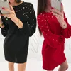 Vestidos casuales vestido túnica de perlas 2021 moda mujer recto manga larga Ladis negro rojo corto Mini