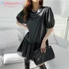 AELEGANTMIS韓国のファッションパフのスリーン女性黒PUレザープリーツミニドレススタイリッシュインメス210607