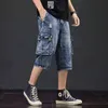 Summer Men Jeans Cargo Shorts Fashion Casual Elasticated Waist Stretch Big Pocket Cropped Jean Male Brand 211108