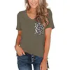 Kvinnors sommar T-shirt Kortärmad V-Neck Patchwork Leopard Skjorta Ficka Basic Kvinna T Shirt Camiseta Mujer 210522