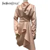 Ruché Slim Femmes Robe Col Roulé À Manches Longues Taille Haute Ourlet Irrégulier Mini Robes Roses Femme Été 210520