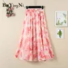 Casual koreansk boho kjol strand chiffong sommar sashes hög midja lång maxi bohemian kvinna blommig tryck pläterad 210506