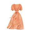 LFR Verão Casual Chique Streetwear A-Linha Midi Dress Mulheres Elegante Vestido Francês Sweet Slow Sleeve Lace V Neck Cinto Vestidos 210521