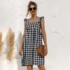 Kwadratowy kołnierz Wzburzyć Luźna Bez Rękawów Wysoka talia High Pullover Mini Dress Butterfly Sleeve Plaid Dresses Dresses 210604