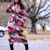 Dresses for Women Zippers Mid-Calf A-Line Printing Long Sleeve Casual Slim Clothing Colorful Ruched Robe Longue Femme 210515