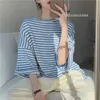 Casual o Neck tre fjärdedel ärm Blå randig T-shirts Kvinnor Sommar Koreanska Chic Wild Loose Short Sleeve Toppar Tees Fashion 210610