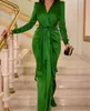 Grüne Meerjungfrau-Abschlussballkleider, sexy V-Ausschnitt, langes Sheeve, formelles Abendkleid in Übergröße, Rüschen, Satin, elegante Partykleider 3055