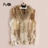 VR001 Womens Natural Real Rabbit Fur Vest med Raccoon Fur Collar Waistcoat / Jackor Rex Kanin Stickad Vinter 210927