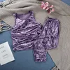 女性のためのヒロック紫色のベルベットパジャマセットノースリーブのホームスーツ冬のピジャマタンクトップとズボンのラウンジ着用暖かい女性セット210830