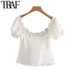 Traf Women Sweet Fashion Ruffled Cropted Blouses Vintage Puff Sleeve Side Zipper Vrouwelijke shirts Blusas Chic Tops 210415