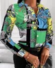 여성 디자이너 블라우스 패션 가을 봄 긴 소매 인쇄 옷깃 셔츠 체인 프린트 럭셔리 탑 여성 플러스 크기