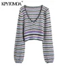 Women Fashion Color Striped Cropped Knitted Sweater Vintage V Neck Lantern Sleeve Female Pullovers Chic Tops 210416