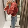 Kırmızı Polka Dot Kırpma Üst Kadın Moda Wrap V Boyun Uzun Puf Kol Fırfır Bluz Vintage Elastik Hem Rahat Bayanlar Tops 210519