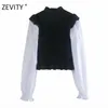 Kvinnor Vintage Puff Sleeve Patchwork Elastic Slim Smock Blouse Office Ladies Sweet Agaric Lace Chic T Shirts Tops LS7157 210420