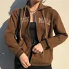 Brown Jacket Zipper Hoodies Kvinnor Broderibroderi Hooded Drawatring Jackor Kvinna Y2K Fickor Vår Casual Streetwear 210518