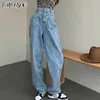 FORYUNSHES BAGGY MOM JEANS女性春の夏の高階段非対称ワイドレッグデニムパンツズボンヴィンテージ服210709