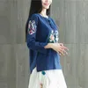 春の女性Tシャツプラスサイズ長袖ルースOネックボタンティーシャツフェムメ綿リネン刺繍ビンテージトップスYN2 210512