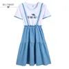 Robe d'été bleue de style Preppy japonais Femmes manches courtes imprimées fausses robes en coton deux pièces S-XXL Mori Girl Vêtements 210520