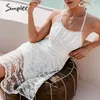 Weißes, hohes Taillenband, Mini-Girlish-Stil, solide, lässige, ärmellose A-Linie-Damenkleider, sexy Spitzenkleid mit offenem Rücken 210414