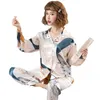 シルクパジャマス女性の夏の長袖のズボンスーツレディース緩いカジュアルなホームウェアファッション印刷かわいい女性210901