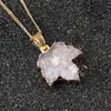 Natural Quartz Crystal Rock Cluster Gemstone Leaf Pendants Gold-plating Protection Lucky White Druzy Drusy Agate Geode Maple Leaves Hollow Love Heart Necklace