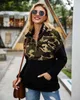 Casual Leopard Patchwork Pocket Half Open Zipper Slå ner Krage Hoodies Varm Vinter Top Pullover Kvinnor Plus Storlek 3XL 9 Färger 210507