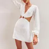 Casual klänningar 2021 sommar v nacke ihåliga kvinnor stickade klänning sexig elegant långärmad kvinnlig strandfest Baklösa ljuskläder