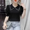 Summer Pearl Beading Thin Sweater Women Ruff Short Sleeve Turn-down Collar Pullover Knitted Tops Solid Slim Knitwear White Black X0721