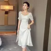 White Stain Long Dress for women Summer Short Sleeve V neck smooth Sexy Ladies Loose korea party Dresses 210602