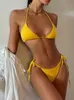 Tanboby Costumi da bagno brasiliani Taglio alto Micro Beach Biquinis Top fasciatura 2 pezzi + Bikini perizoma giallo 210629