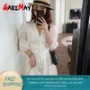 Vestido vintage de verano blanco Botón midi con cuello en V Maxi Vestidos elegantes coreanos para mujeres Casual largo 210428